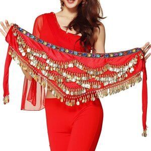 Women's Triangular Belly Dance Hip Scarf Wrap Dark Red Skirts with Gold Coins